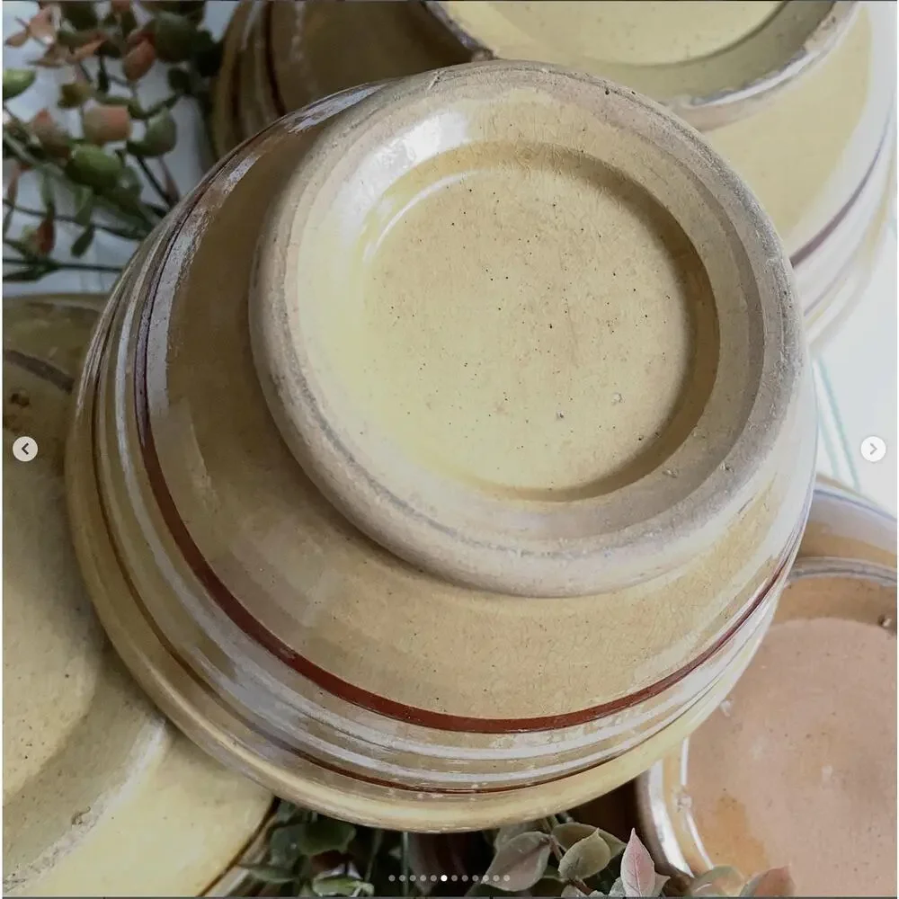 Antique 1930s Yellowware Stoneware Nesting Mixing Bowl White Brown Stripe Set x4